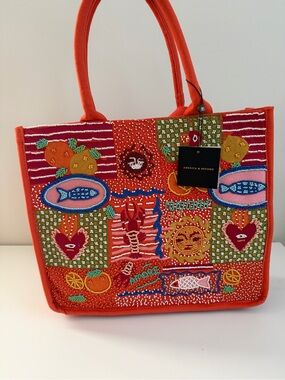 America & Beyond Red Embroidered Patchwork Tote